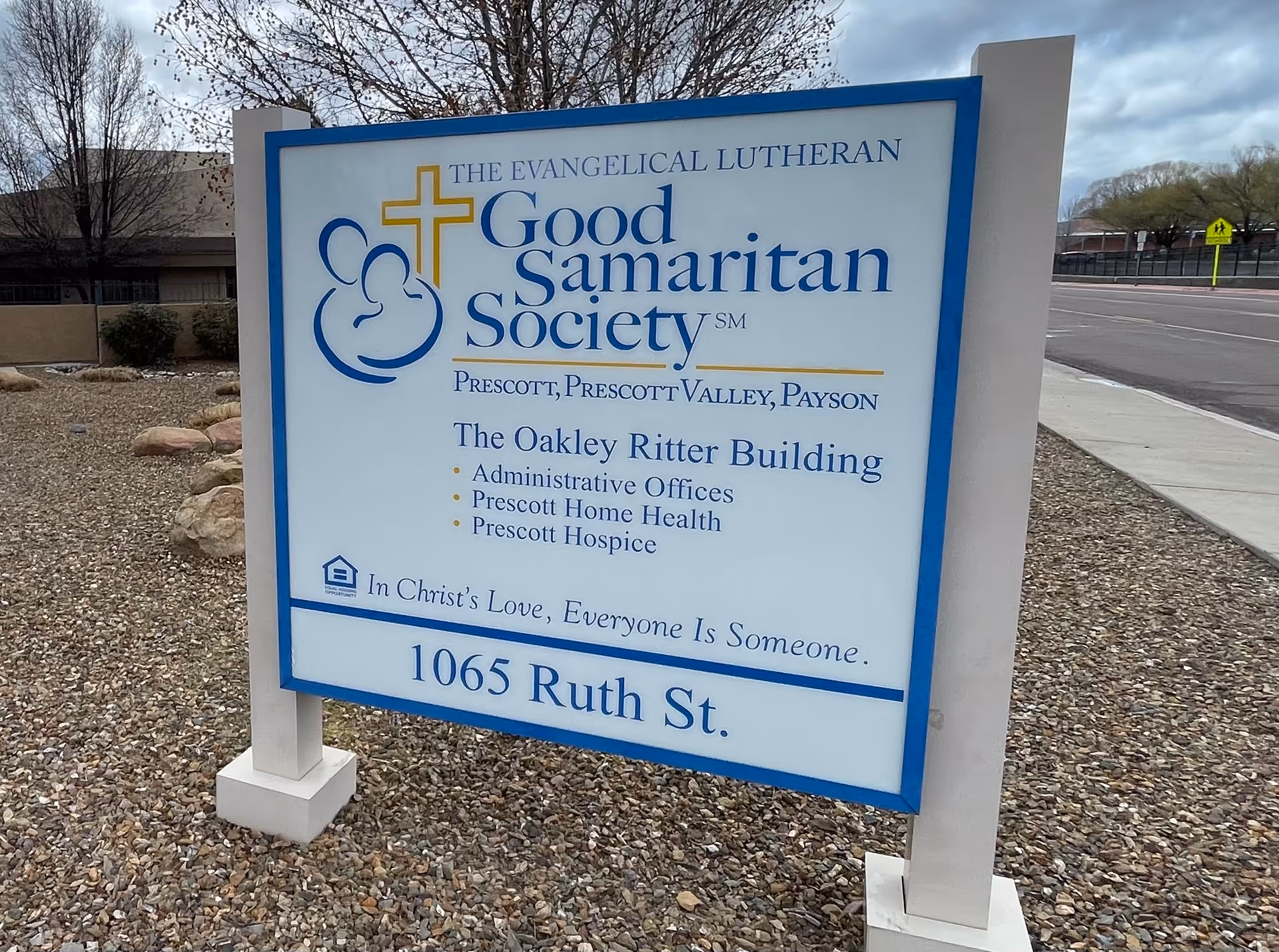 Exterior sign for Evangelical Lutheran Good Samaritan Society Oakley Ritter Building with address 1065 Ruth St.
