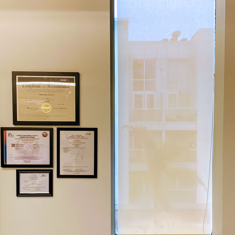 Interior wall with multiple framed certificates beside a tall window.