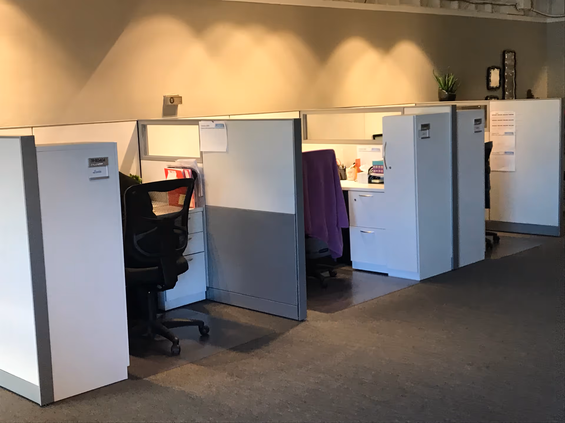 Row of white office cubicles with chairs and paperwork in an administration area.