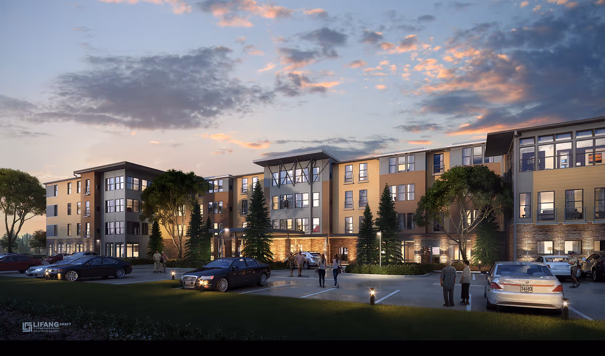 Exterior view of Brightview Crofton Riverwalk building at dusk, with parked cars and people near entrance