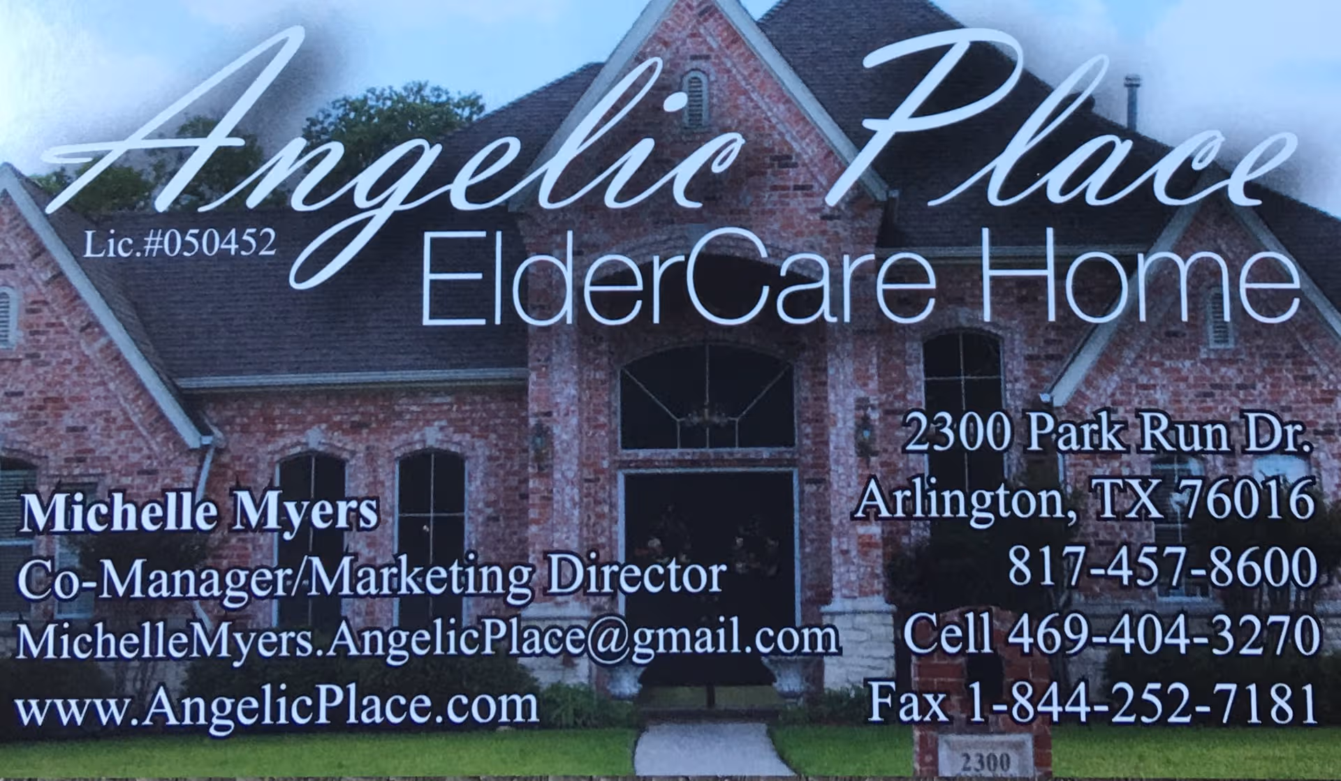 Brick building front with large Angelic Place ElderCare Home signage and contact details.