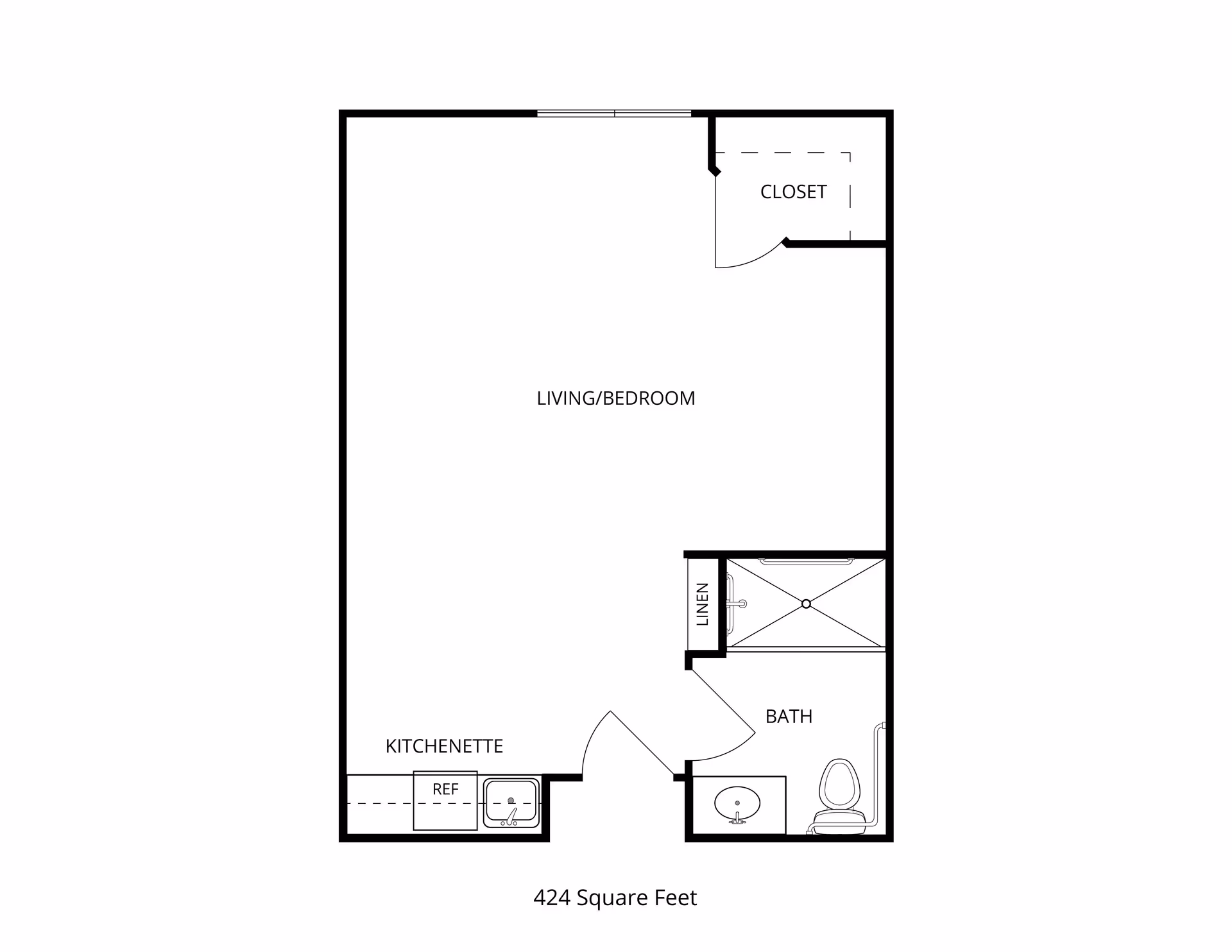 Floor plan of a 424 square feet studio apartment at Ascension Living Via Christi Village, showing a combined living and bedroom area, a kitchenette with a refrigerator and sink, a bathroom with a toilet, sink, and shower, a linen closet, and a separate closet.