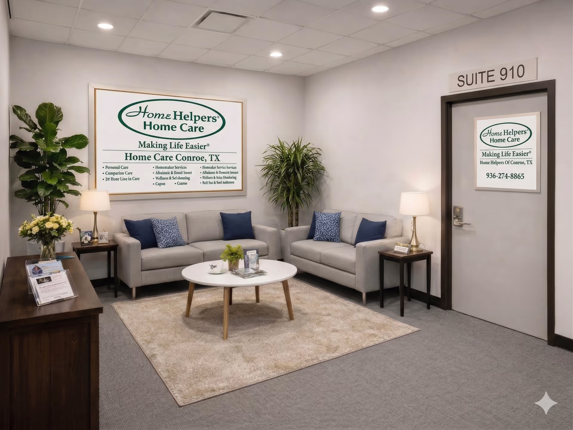 Lobby area of Home Helpers Home Care Conroe, TX with sofas and plants.