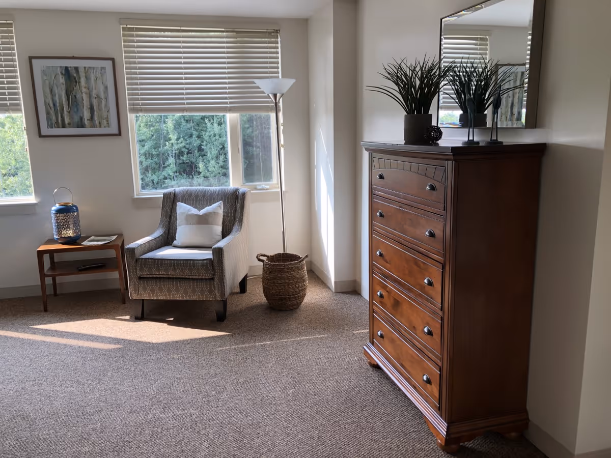 A cozy corner of a room with a patterned armchair featuring a white pillow, a wooden side table with a decorative lantern and a magazine, a tall floor lamp, a woven basket, and a wooden chest of drawers topped with two potted plants and a mirror on the wall. Two windows with blinds partially open reveal green trees outside.