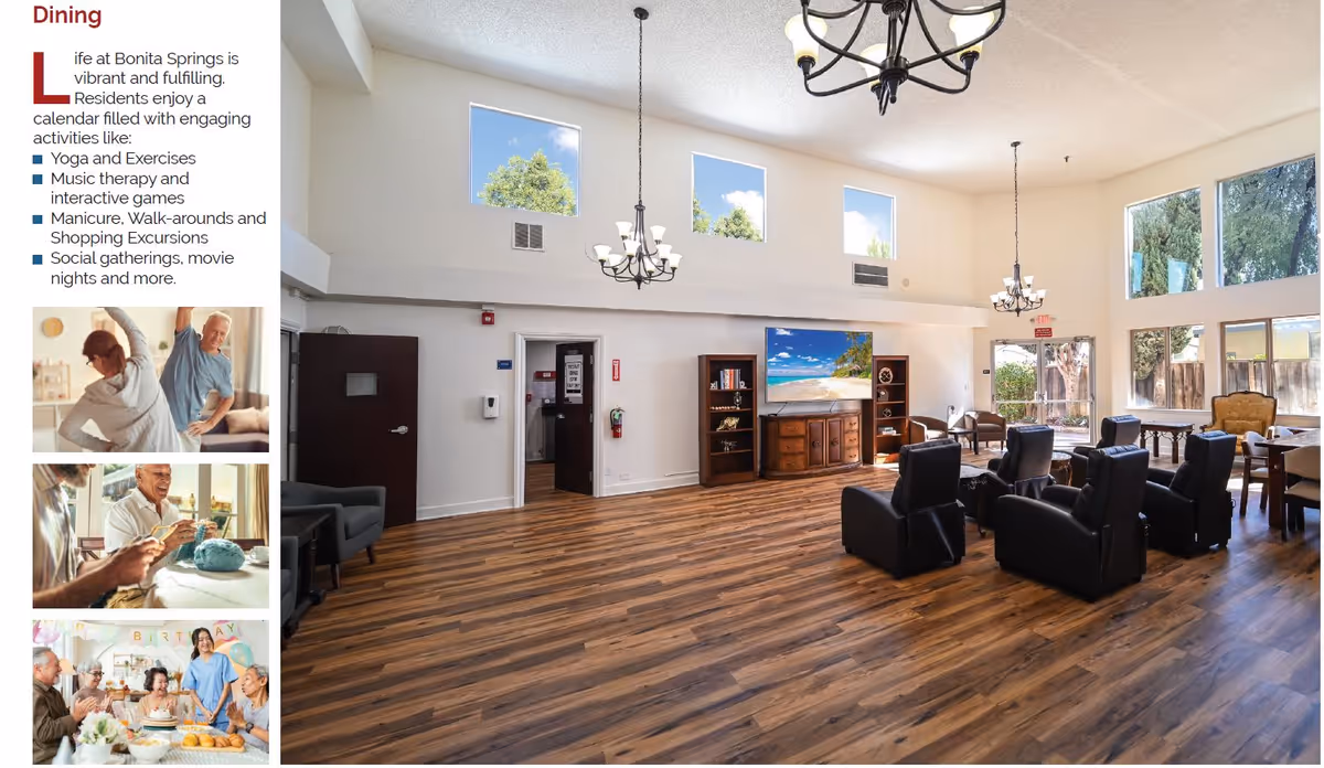 Bright senior living lounge with wood floors, black seating, large windows, TV console.