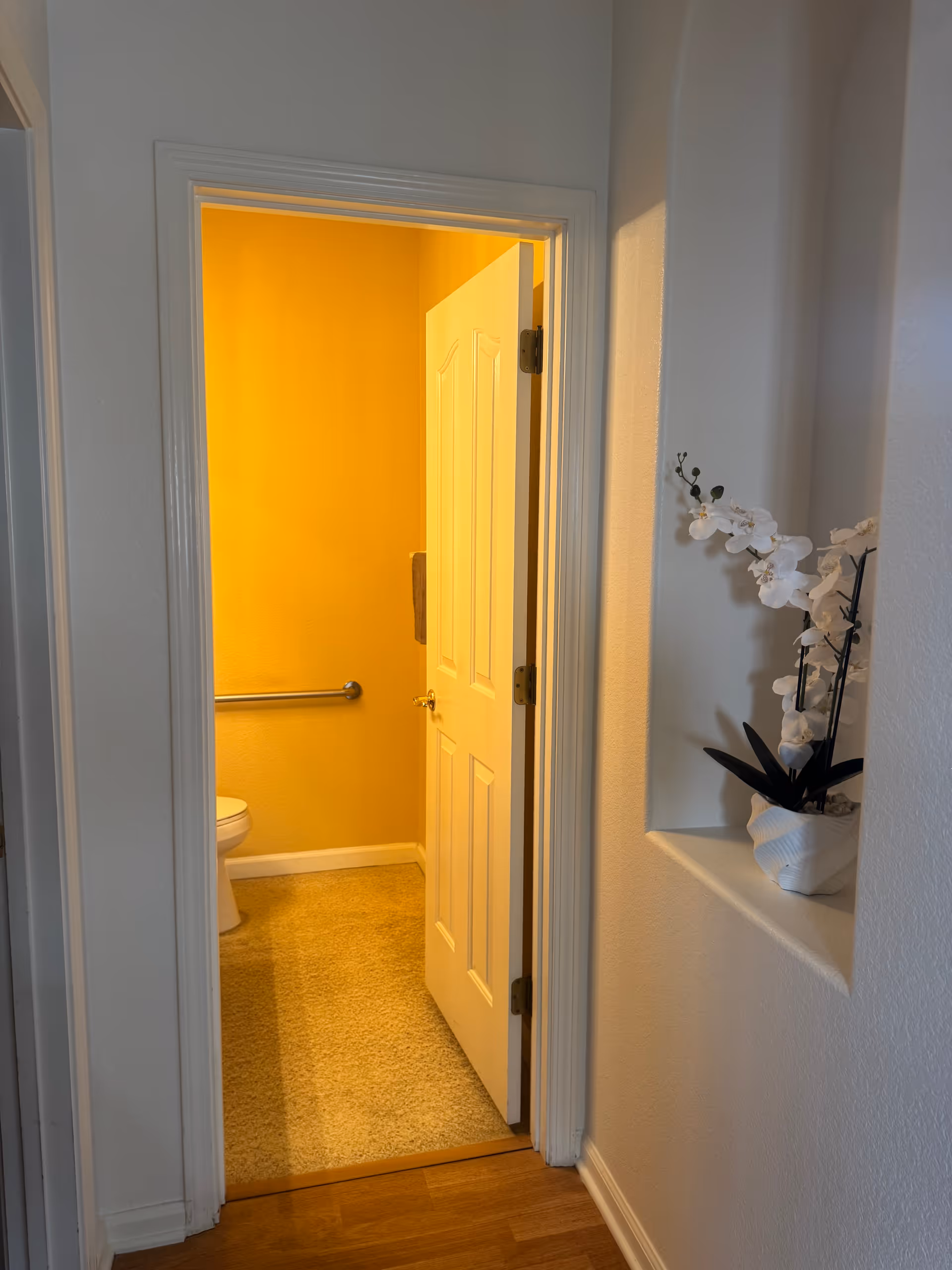 Doorway opens to a small bathroom with yellow walls, a toilet, and a plant.