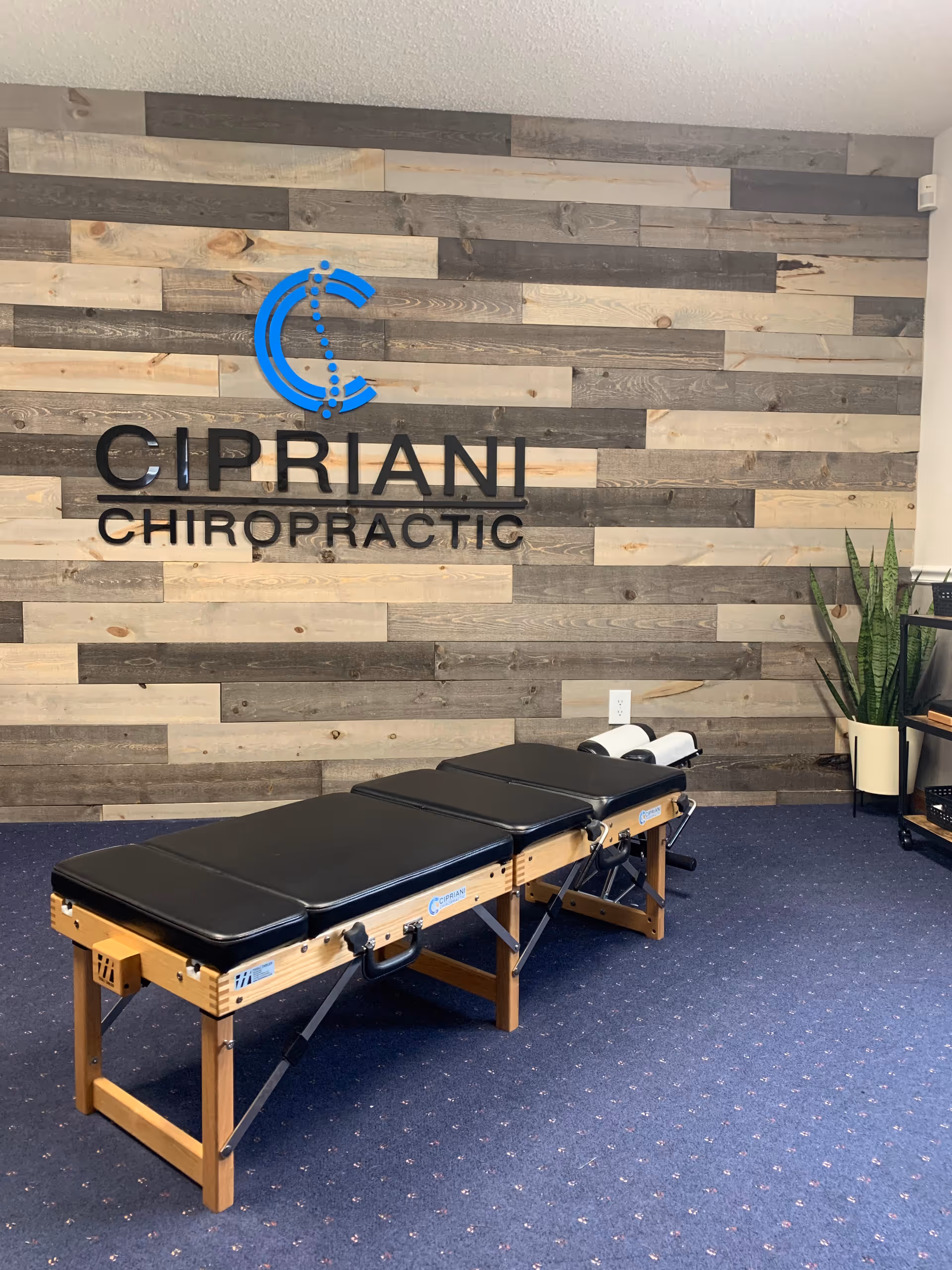 Wood-paneled wall with Cipriani Chiropractic sign and a therapy table in a blue-carpeted room.