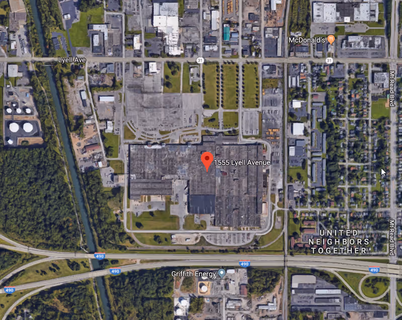 Aerial view of a large building complex at Lyell Avenue.