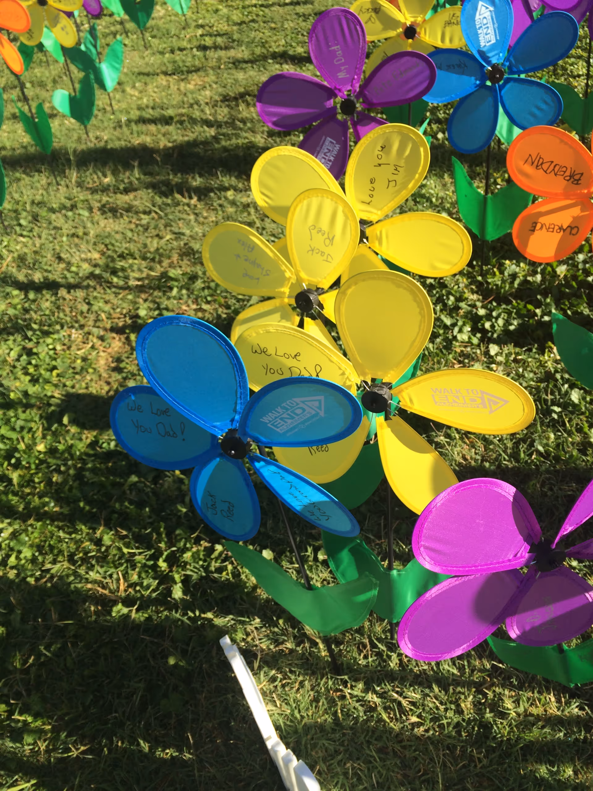 Colorful plastic flowers on sticks arranged in a grassy outdoor area.