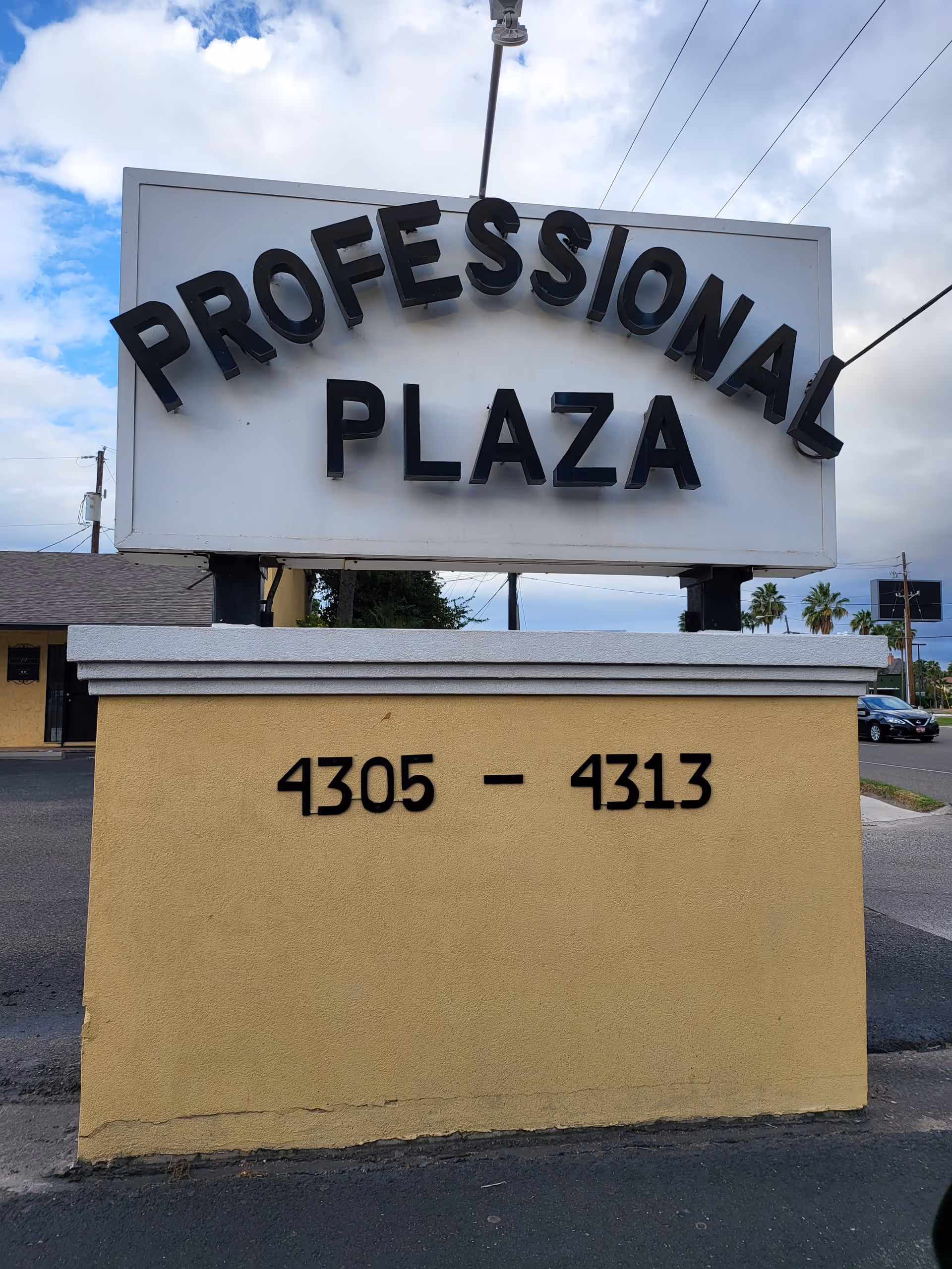 Large sign reads Professional Plaza atop a beige base displaying numbers 4305-4313