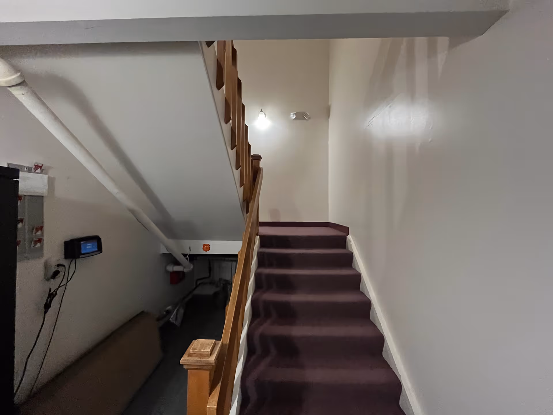 Interior stairwell with purple-carpeted stairs, wooden railing, and white walls.