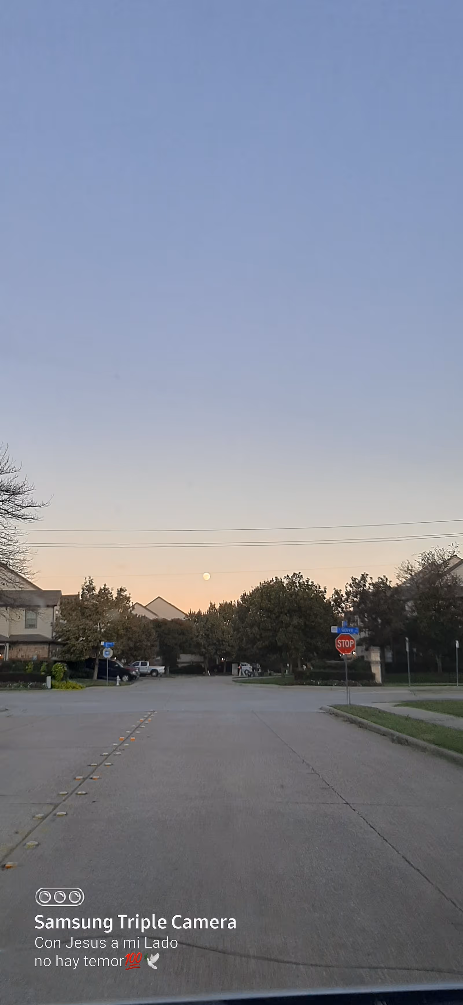Suburban street with houses, trees, and a clear sky.
