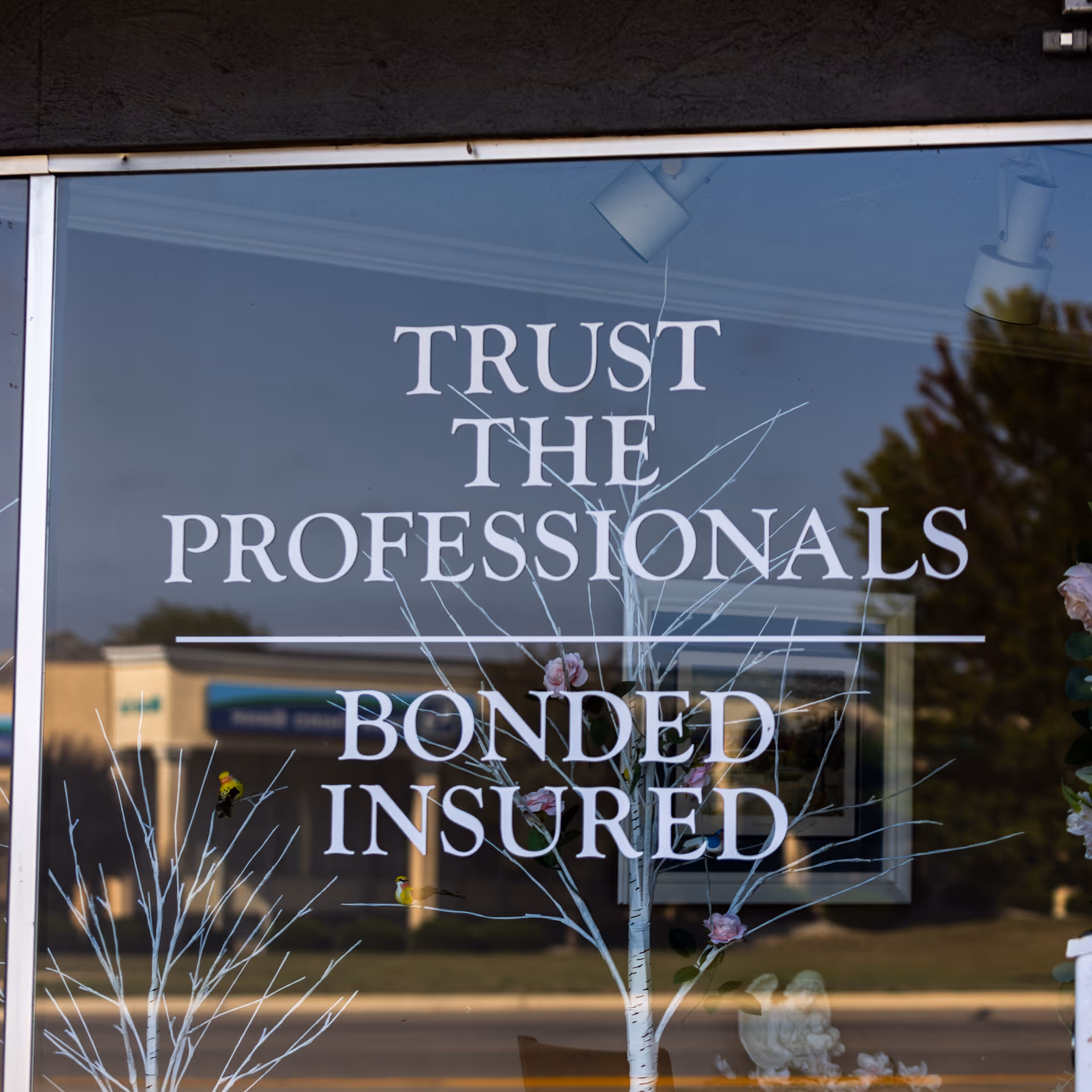 Storefront window with large TRUST THE PROFESSIONALS text and reflections.