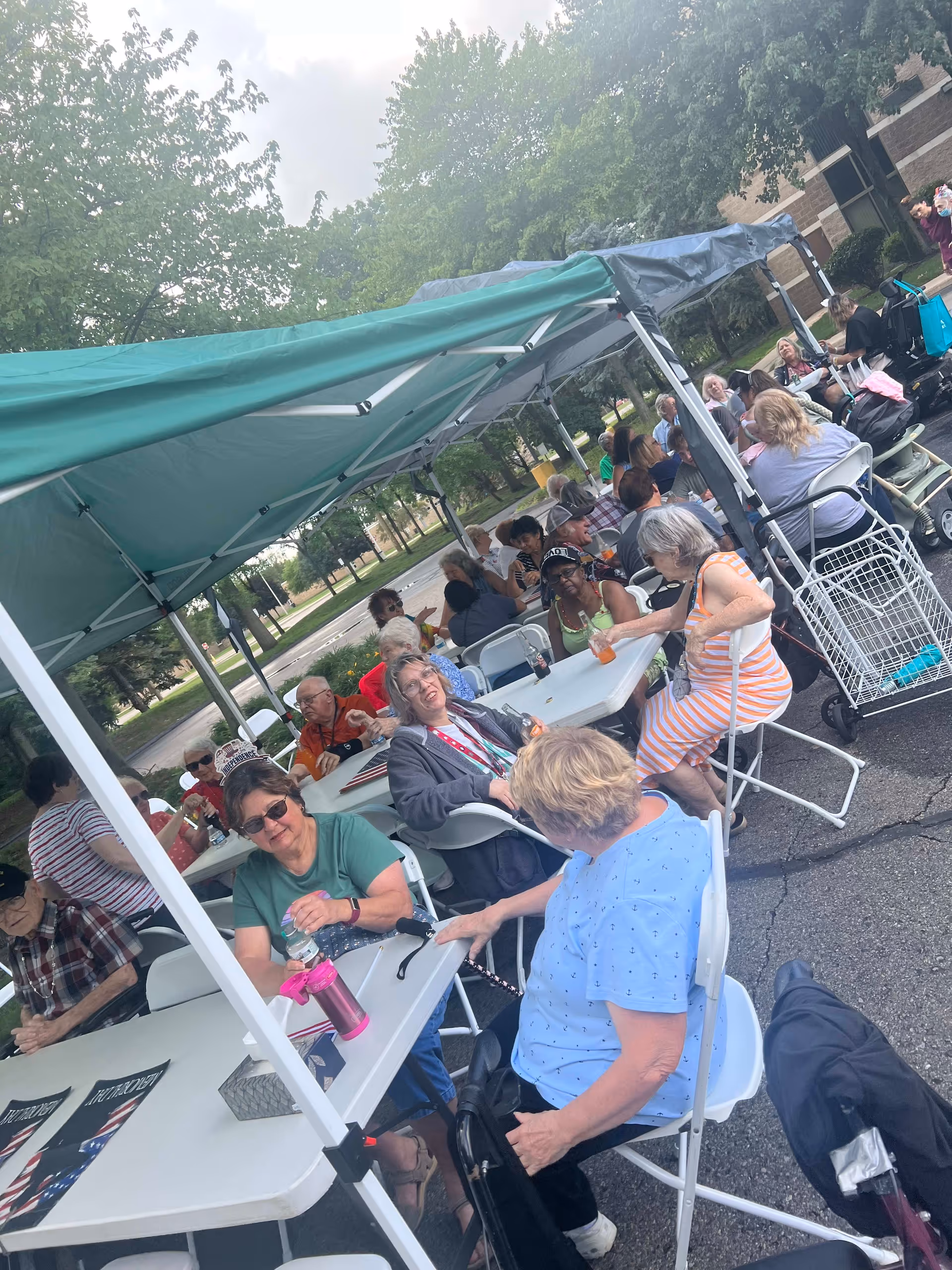 A group of elderly people sitting under a green and gray canopy tent outdoors, socializing around white folding tables and chairs. Some have drinks in hand, and there are trees and a building visible in the background.