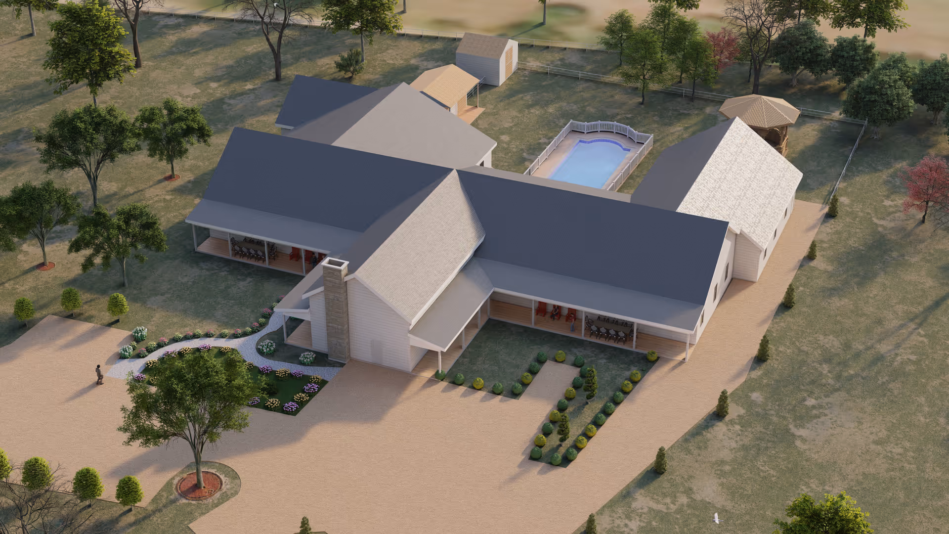 Aerial view of Serenity View Assisted Living facility with pool and landscaped grounds.