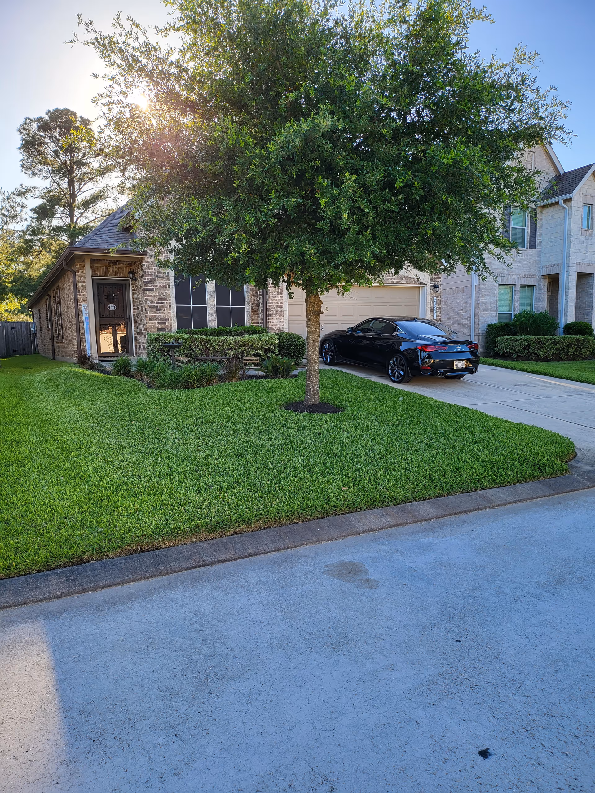 Exterior view of a senior living facility with a driveway, tree, and parked car.