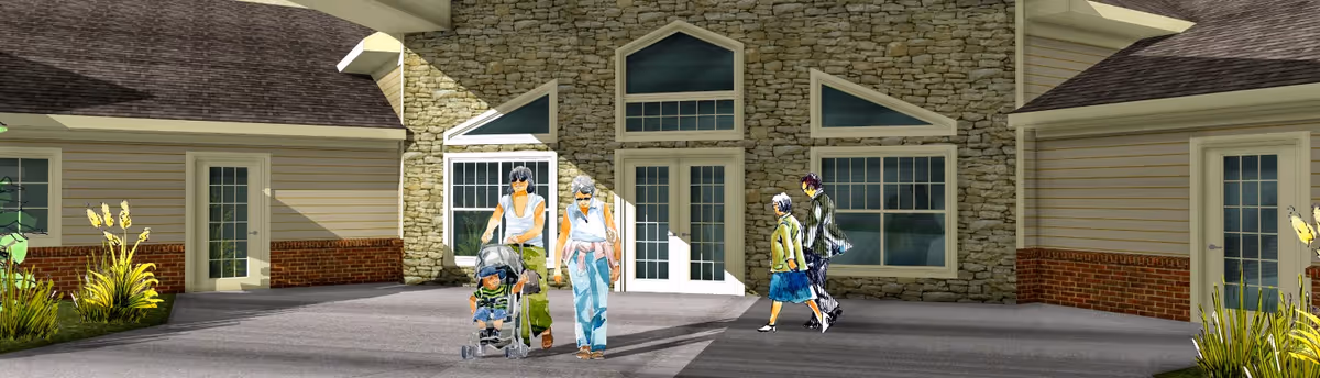 Residents and caregivers walk outside a stone-faced retirement community entrance.