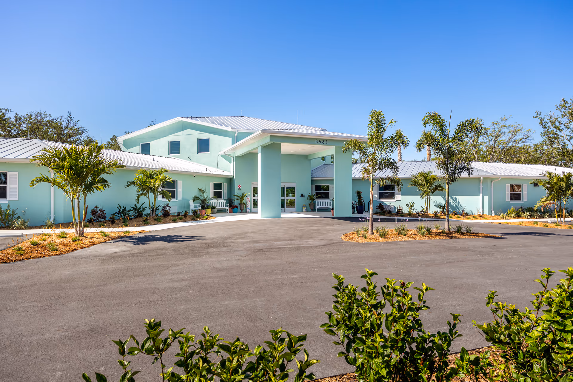 Mint-green senior living center with a covered front entrance and palm-lined landscaping.