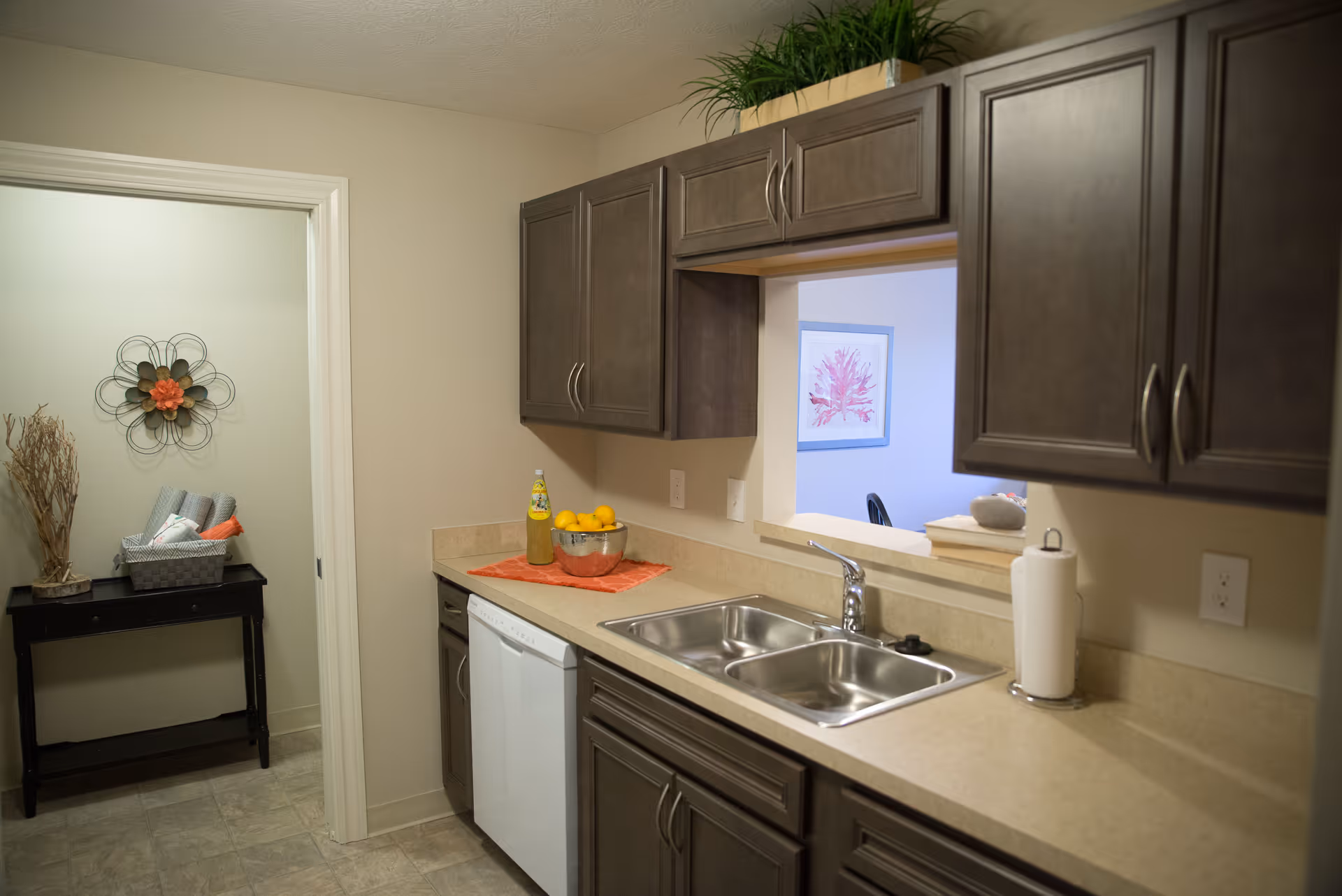 A kitchen area with dark brown cabinets, a double stainless steel sink, a dishwasher, and a countertop with a bowl of lemons, a bottle of yellow drink, and a paper towel holder. There is a pass-through window showing part of a room with a framed coral artwork. To the left, there is a small black table with rolled towels and decorative items against a beige wall.