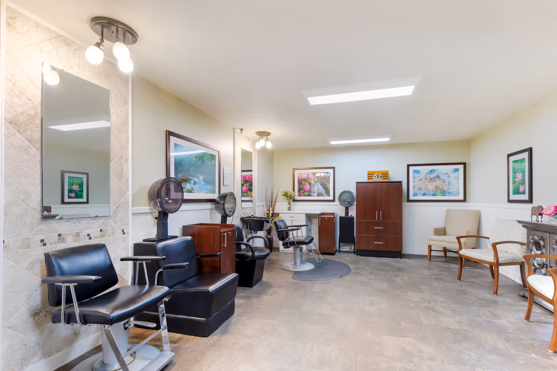 Interior view of Brookdale Ontario salon with styling chairs, mirrors, and equipment.