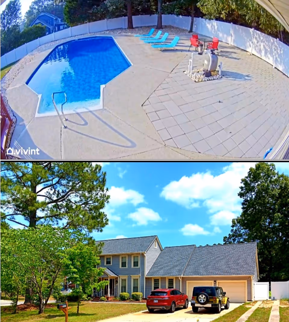 Pool area with lounge chairs and a grill, plus a two-story house and driveway.