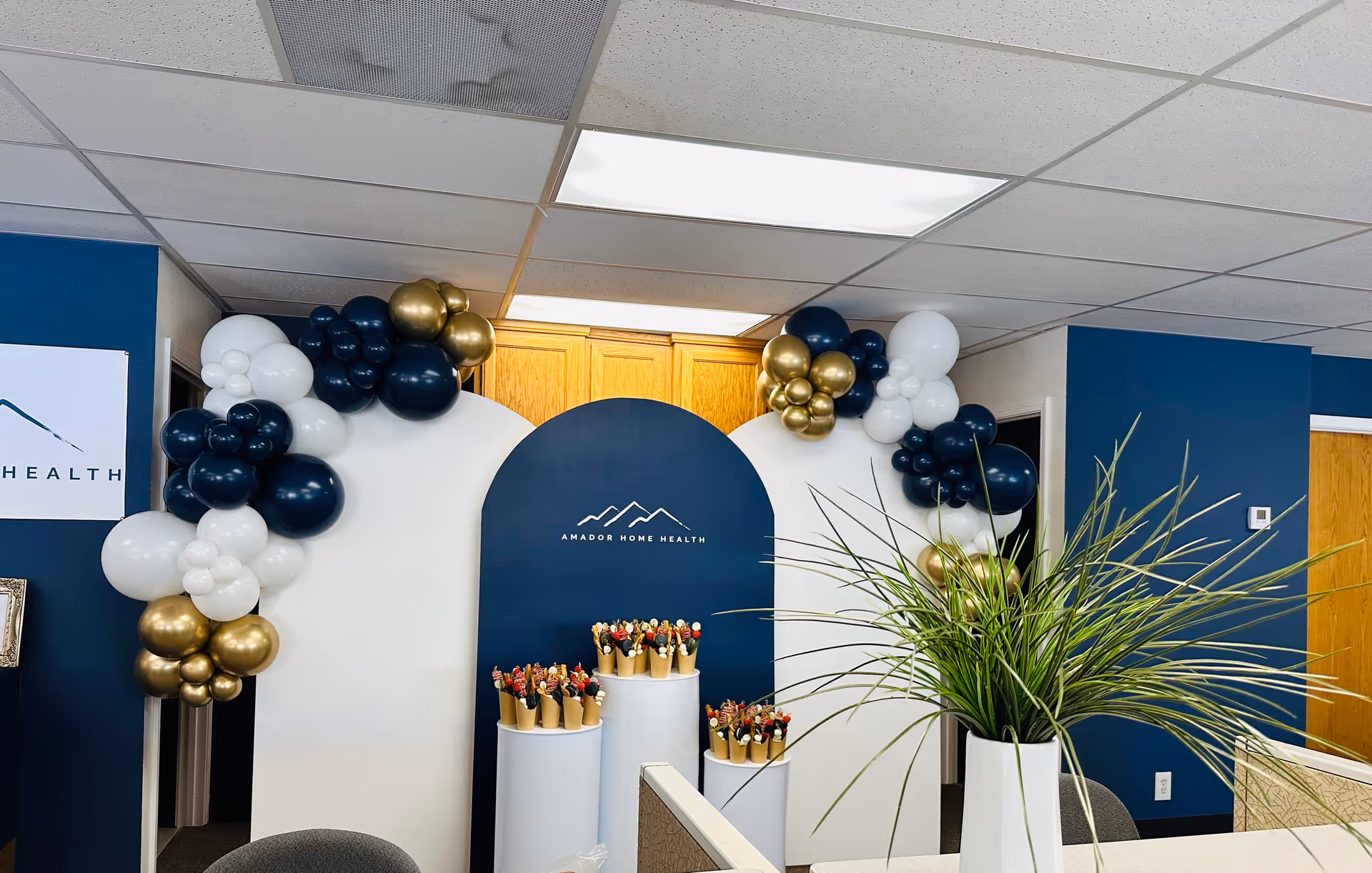 Balloon-decorated reception area with a curved blue wall displaying Amador Home Health.