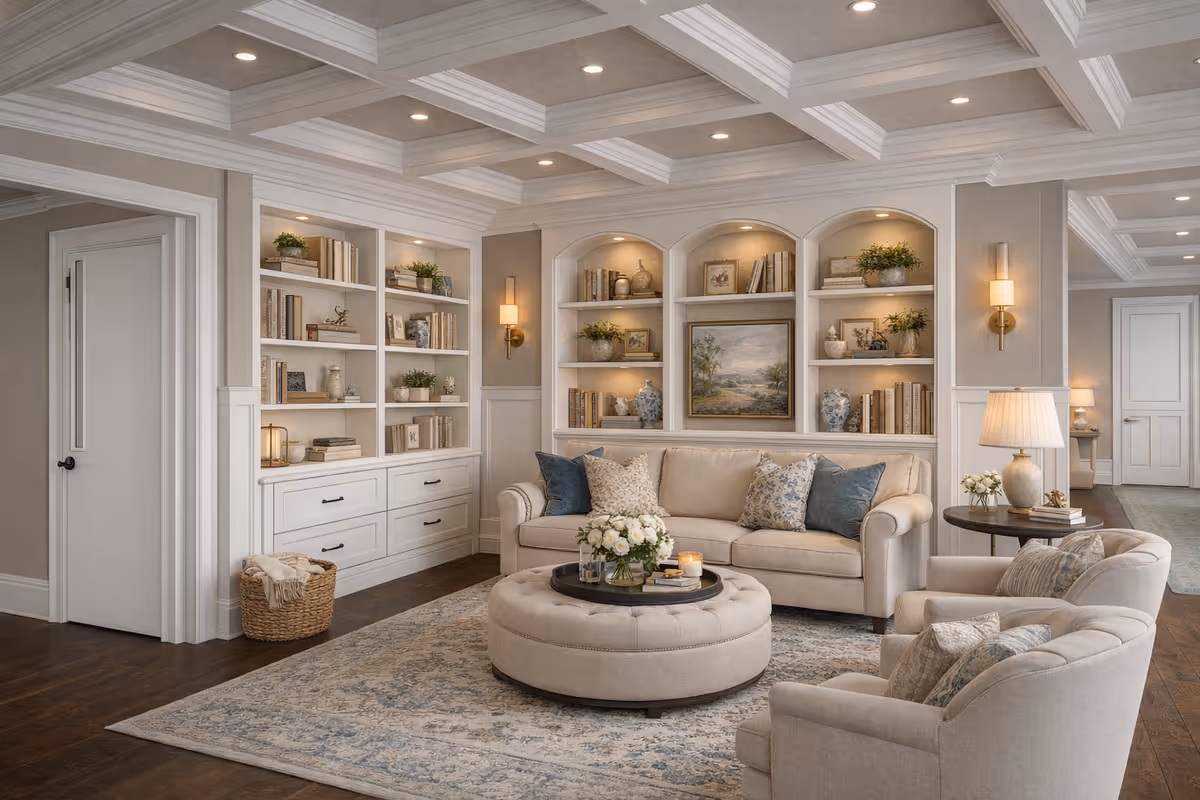 Luxurious living room at Aspen Estates featuring built-in shelves, cream sofas, and warm ambient lighting.
