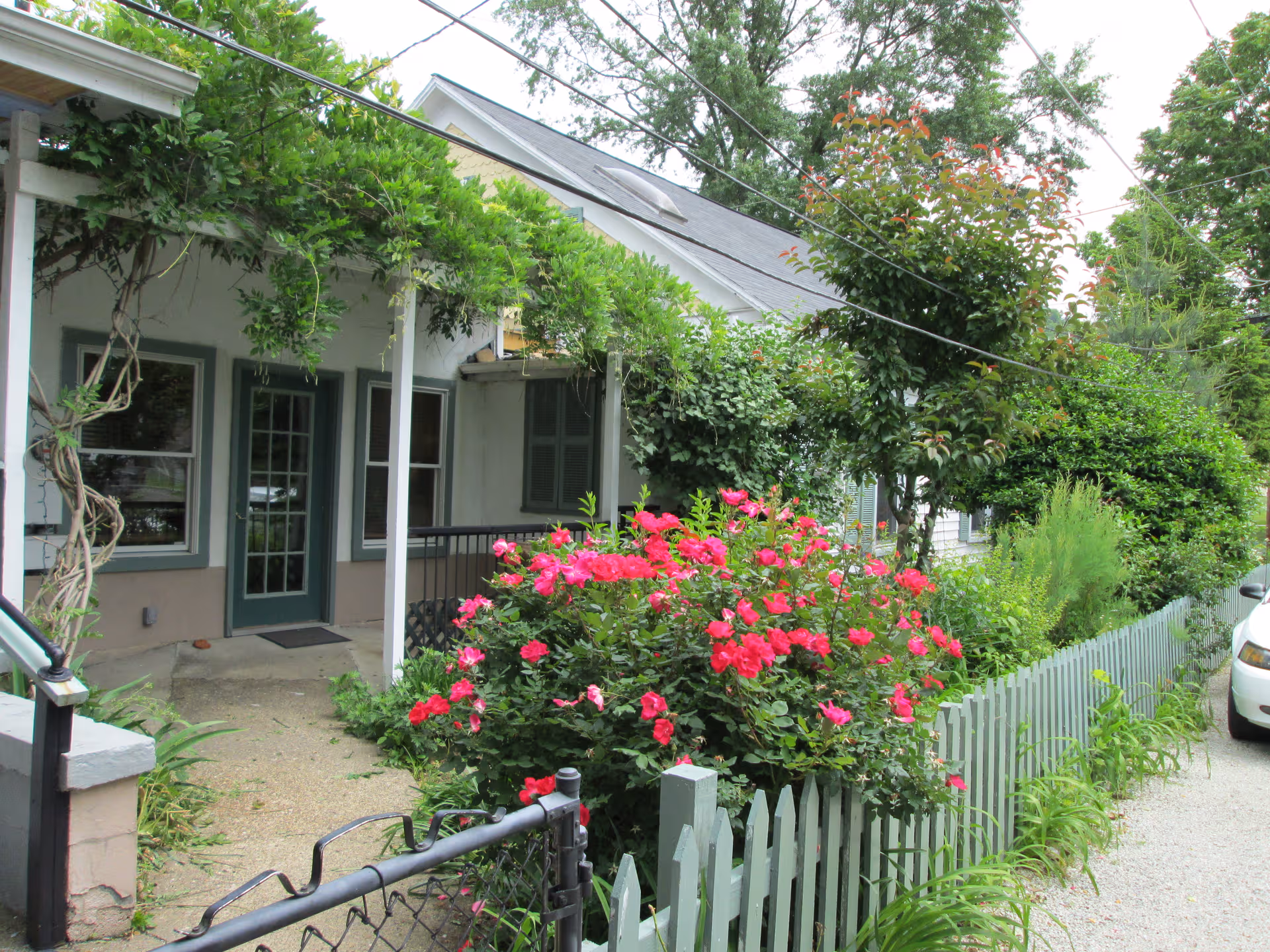 Exterior of Good Living senior facility with pink roses and a white picket fence.