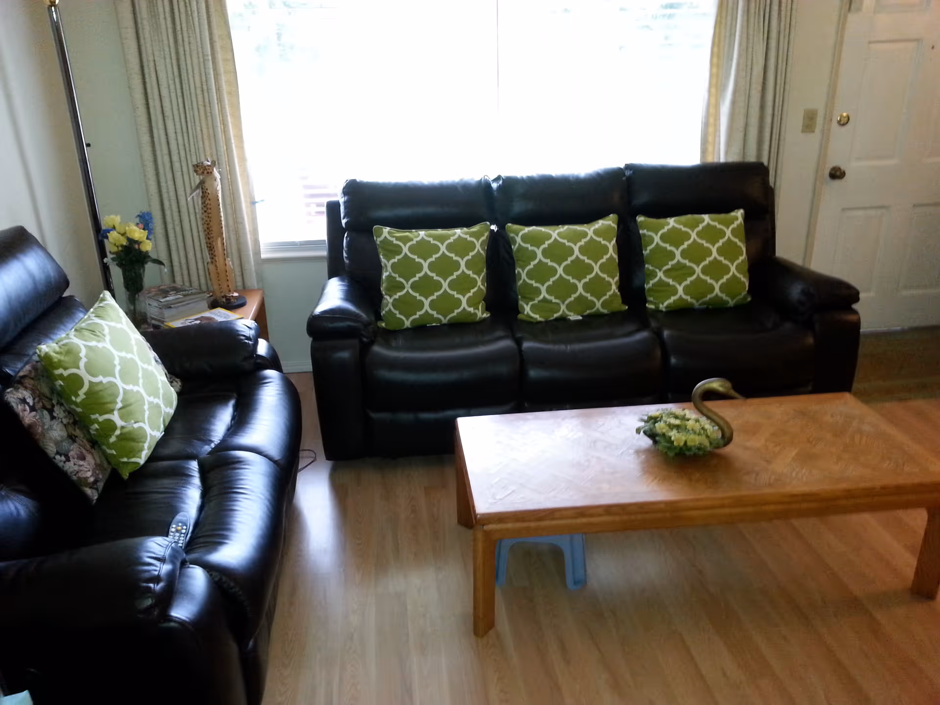 Cozy living room with two dark leather sofas, green patterned pillows, a wooden coffee table and a window behind them.