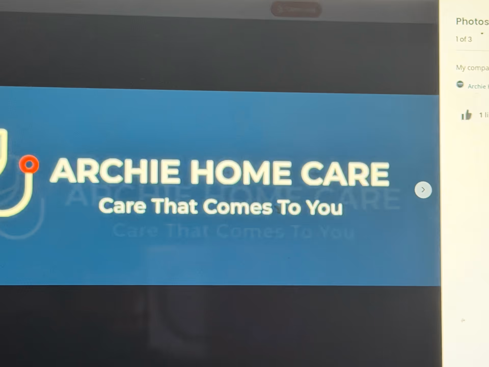Blue screen displaying Archie Home Care logo and slogan 'Care That Comes To You'.