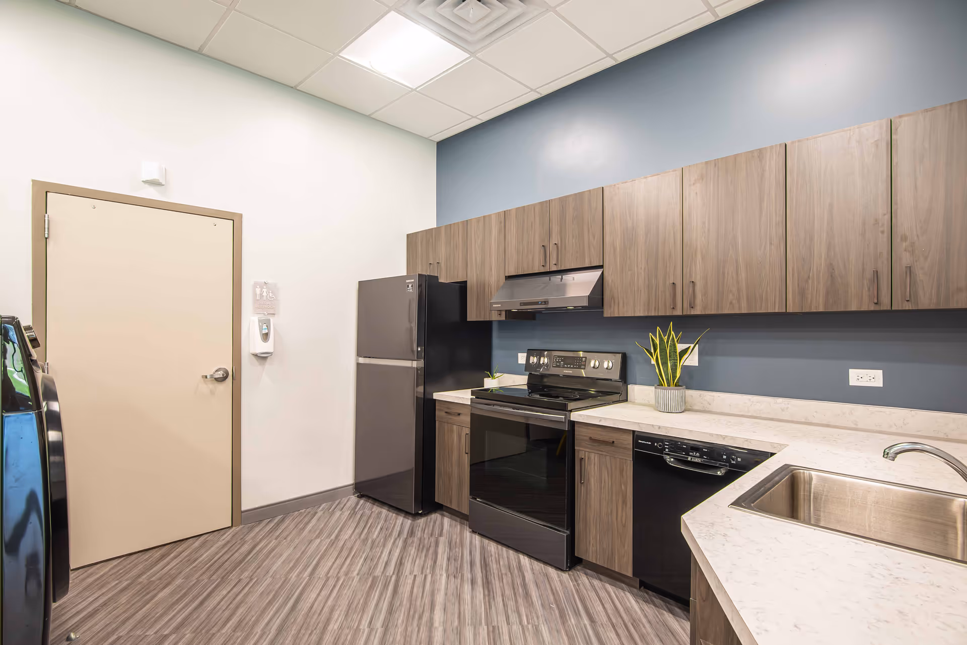 Modern kitchen area with wood-finish cabinets, black refrigerator, black stove with oven, black dishwasher, white countertops, stainless steel sink, and a small potted plant on the counter. The walls are painted white and blue, and there is a closed beige door on the left side.