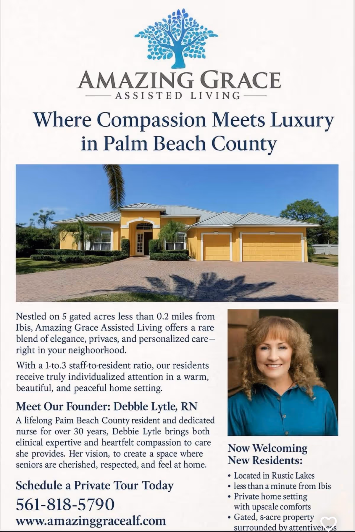 Amazing Grace Assisted Living flyer showing a beige building exterior and a caregiver portrait.