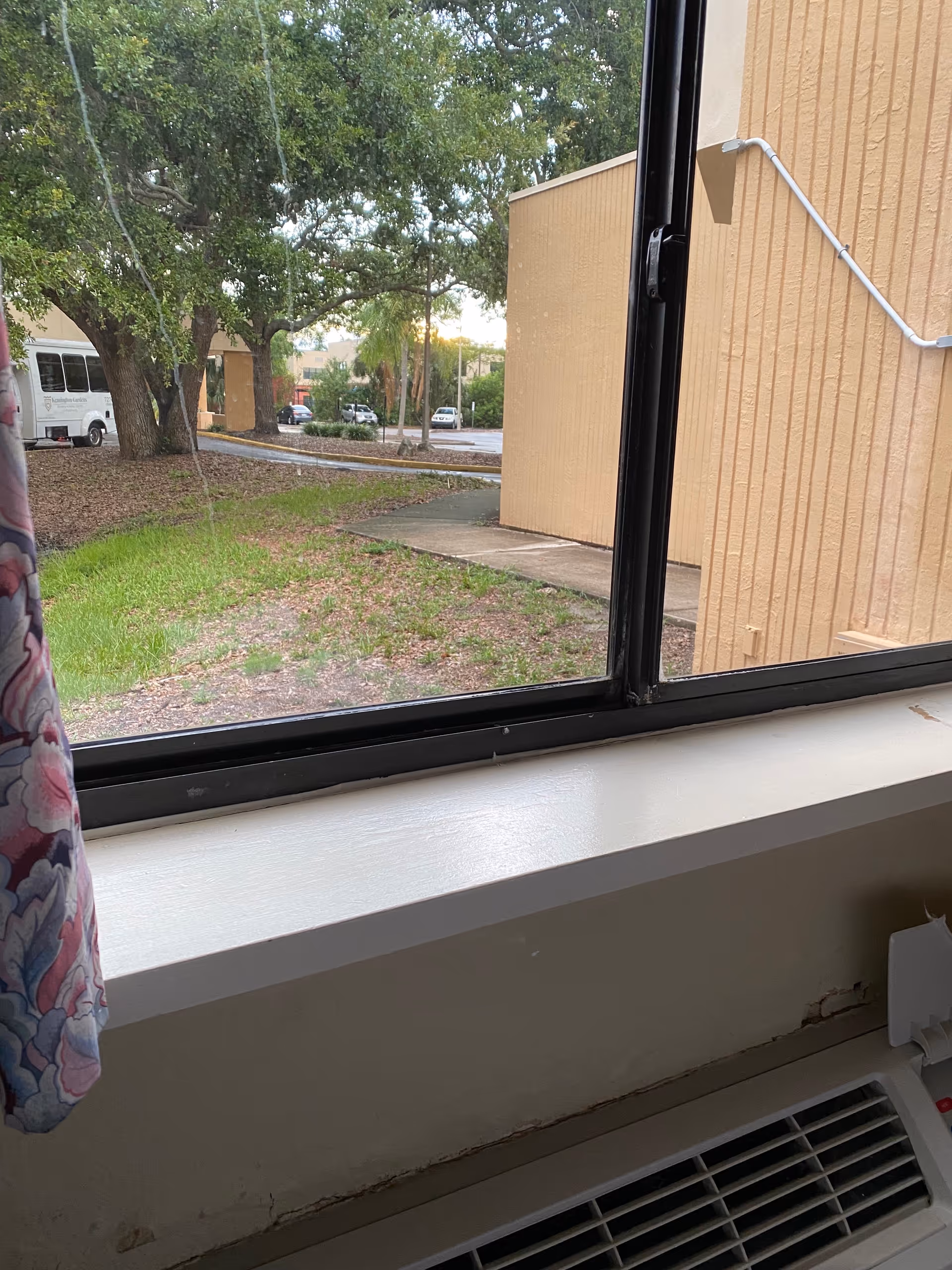 Window view from inside shows trees, a beige building, and parked vehicles outside.