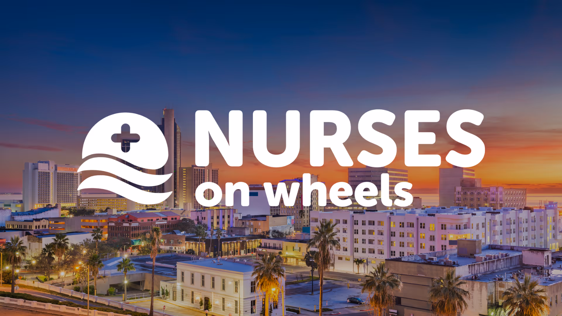 Urban skyline at sunset with palm trees and a large Nurses on Wheels logo.