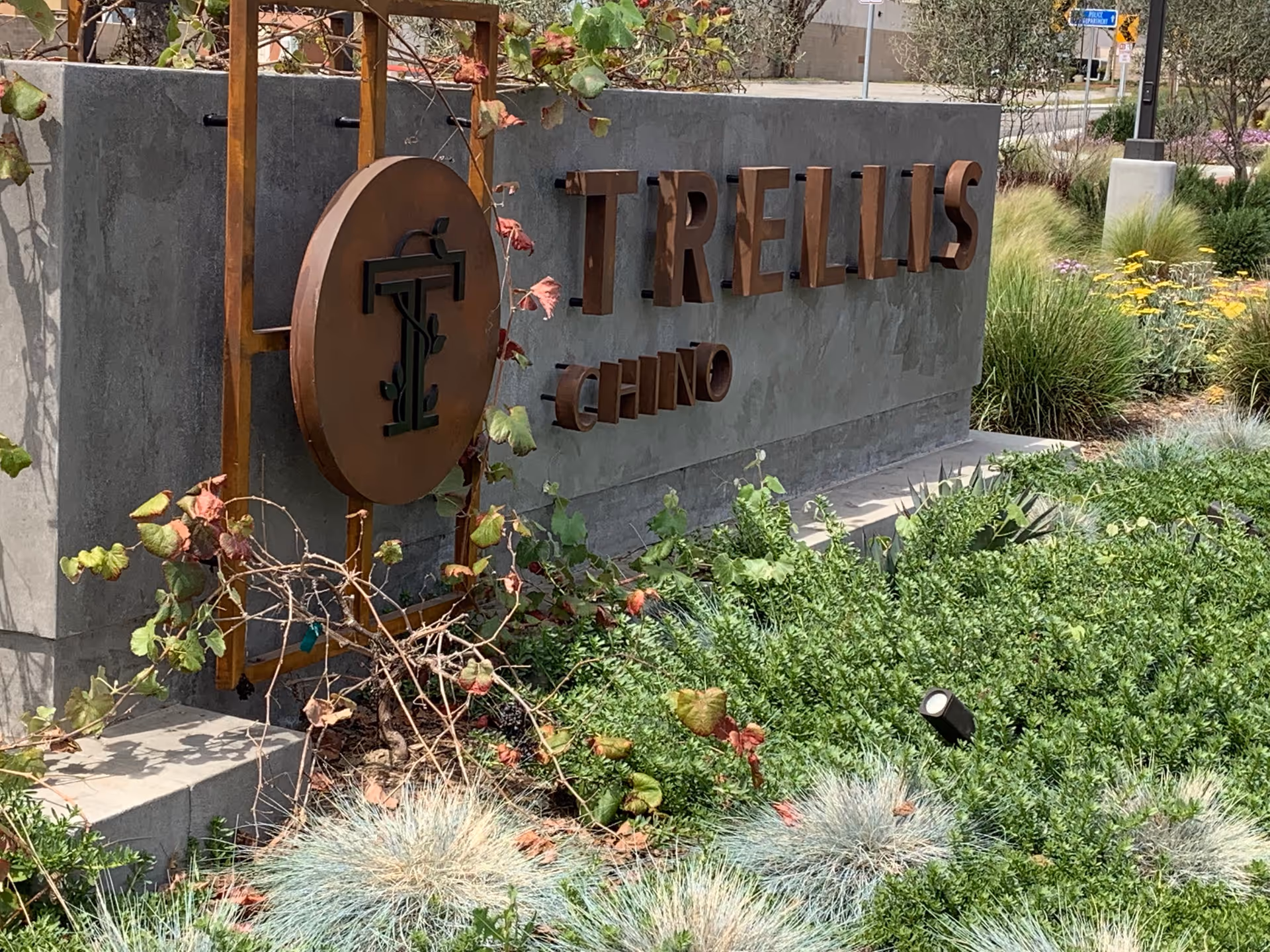 Exterior sign for Trellis Chino with landscaping