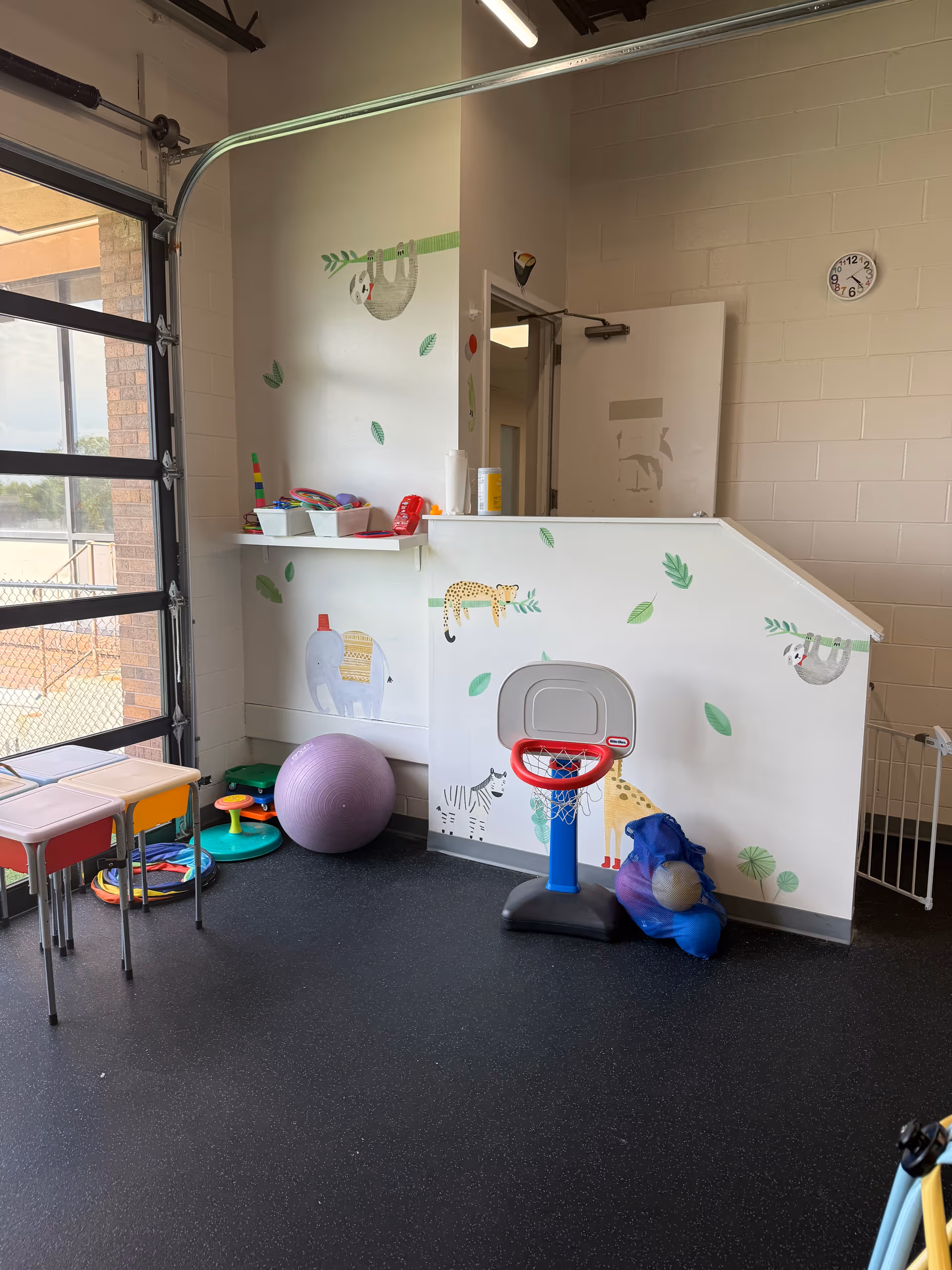 Indoor therapy play area with animal murals, basketball hoop, and a purple exercise ball.