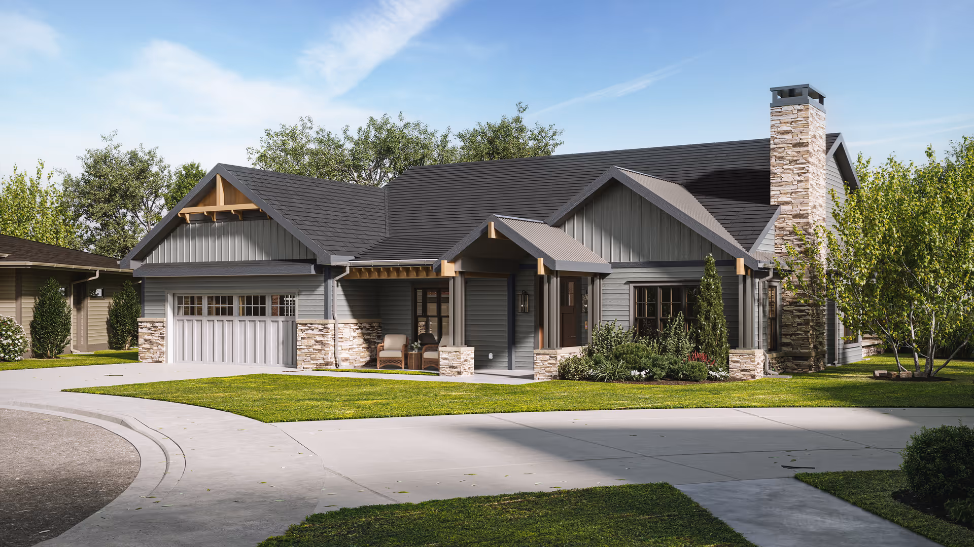 Modern single-story senior living facility exterior with stone accents and curved driveway.