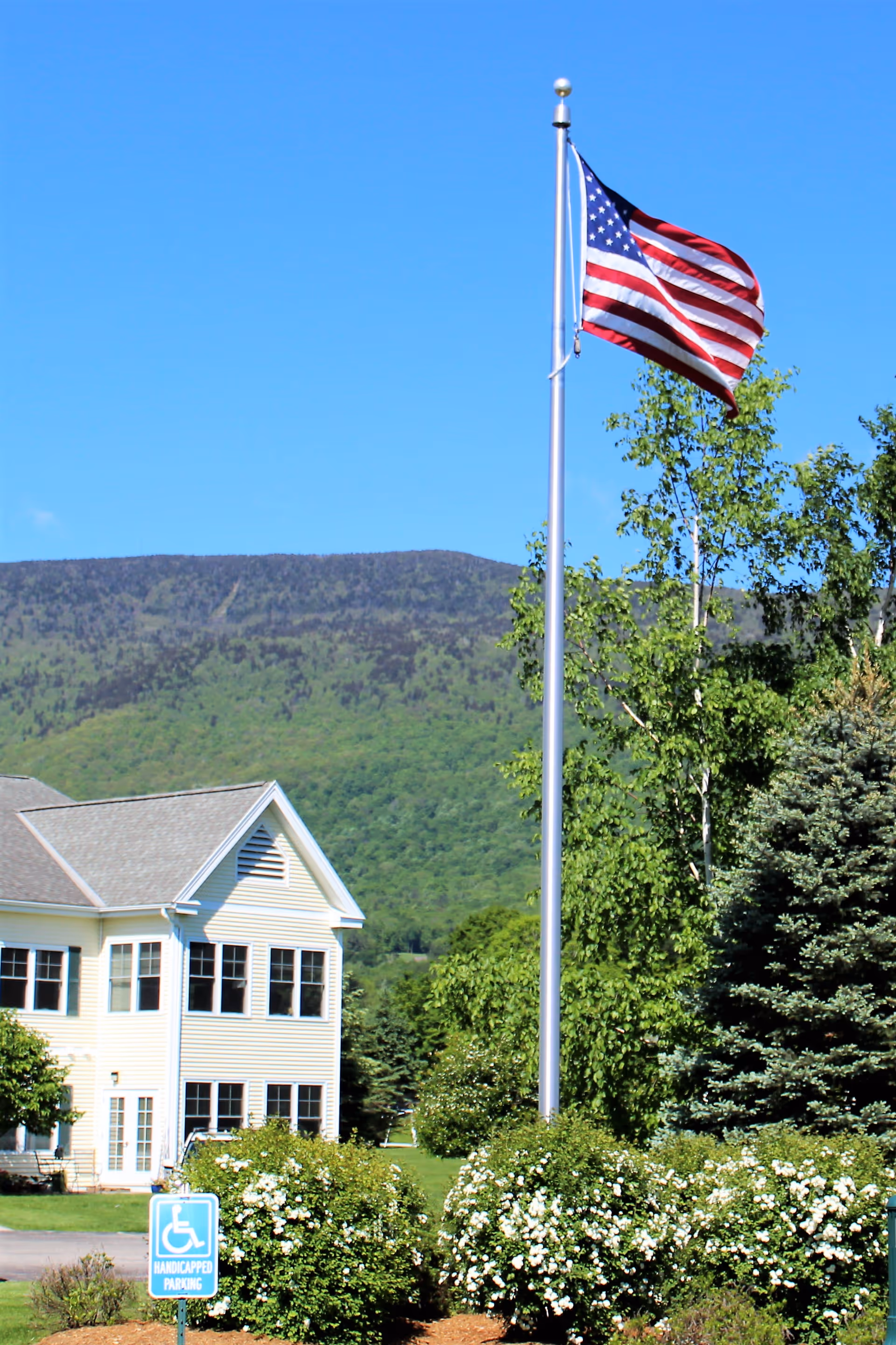 An American flag flying on a flagpole in front of a two-story building with multiple windows, surrounded by green trees and bushes with white flowers. In the background, there is a large forested hill under a clear blue sky. A handicapped parking sign is visible near the bushes.