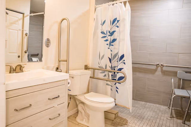 Accessible bathroom featuring toilet, sink, grab bars, and a blue-leaf shower curtain.