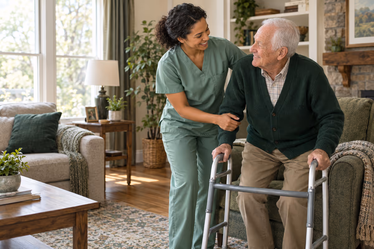 A home health aide helps an older veteran walk with a walker in his living room