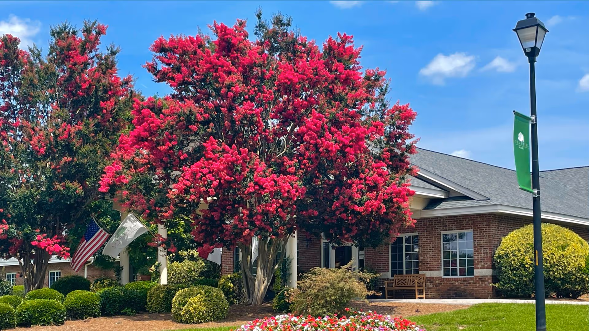 Front exterior view of Oak Hill Assisted Living Community with pink flowering trees and a flag.