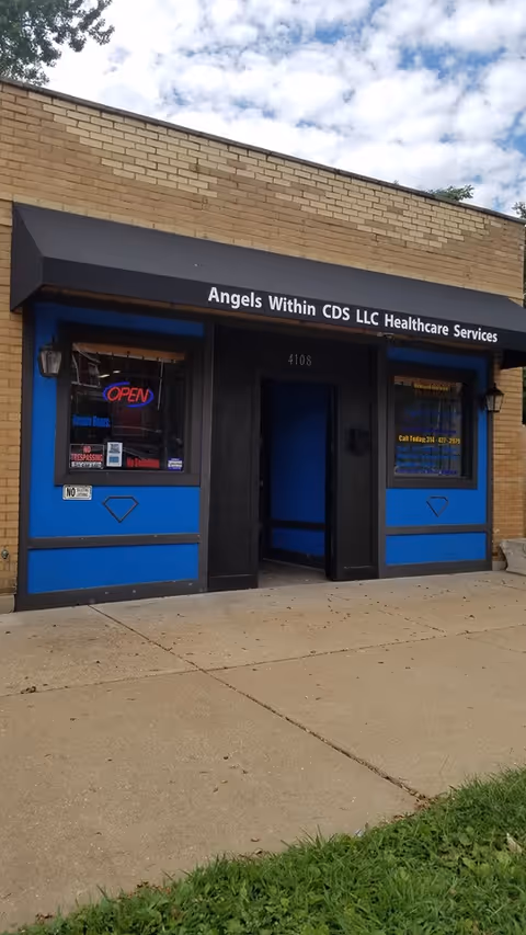 Front view of Angels Within CDS LLC Healthcare Services storefront with open doorway and blue trim