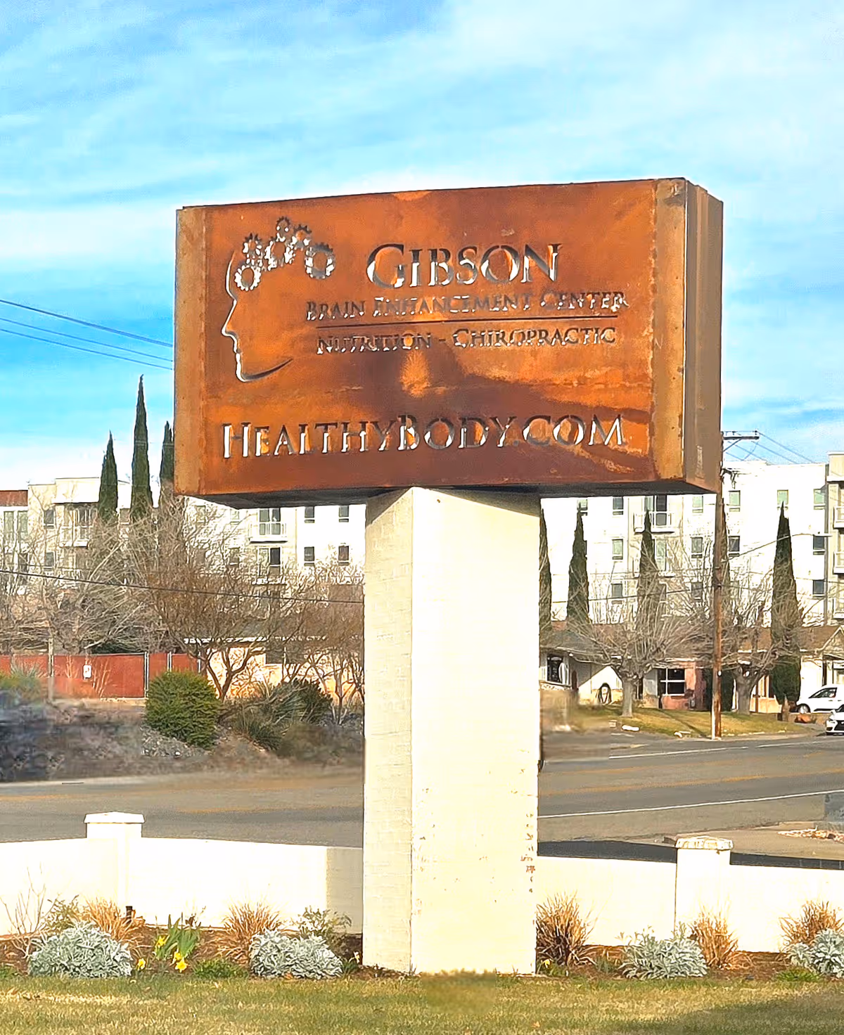 Rusty roadside sign for Gibson Health and Chiropractic Center on a pedestal.
