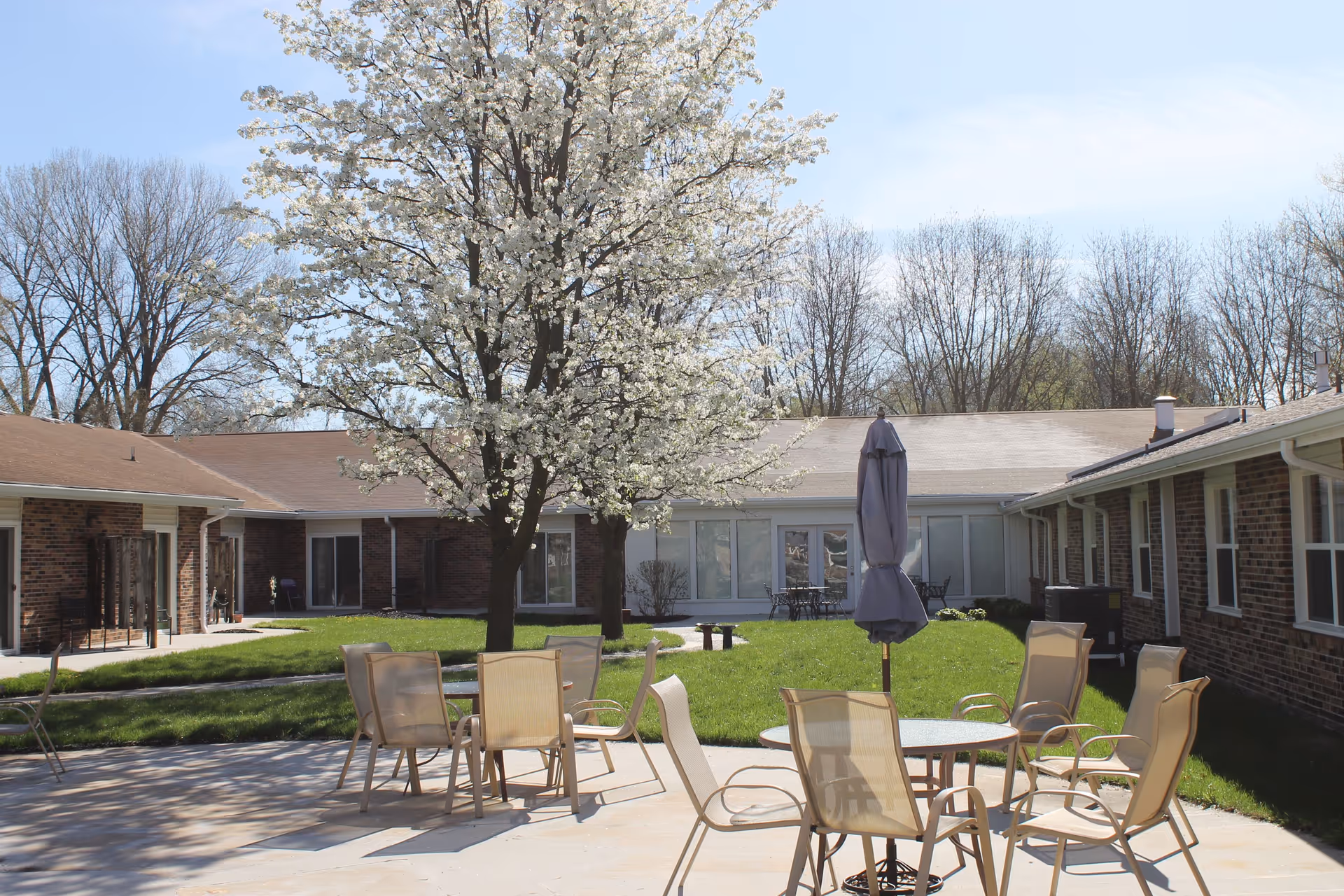 Outdoor patio area at StoneBridge Chillicothe - RCF with several beige chairs and round tables, a closed umbrella, a large tree with white blossoms, and a grassy courtyard surrounded by a single-story brick building under a clear blue sky.
