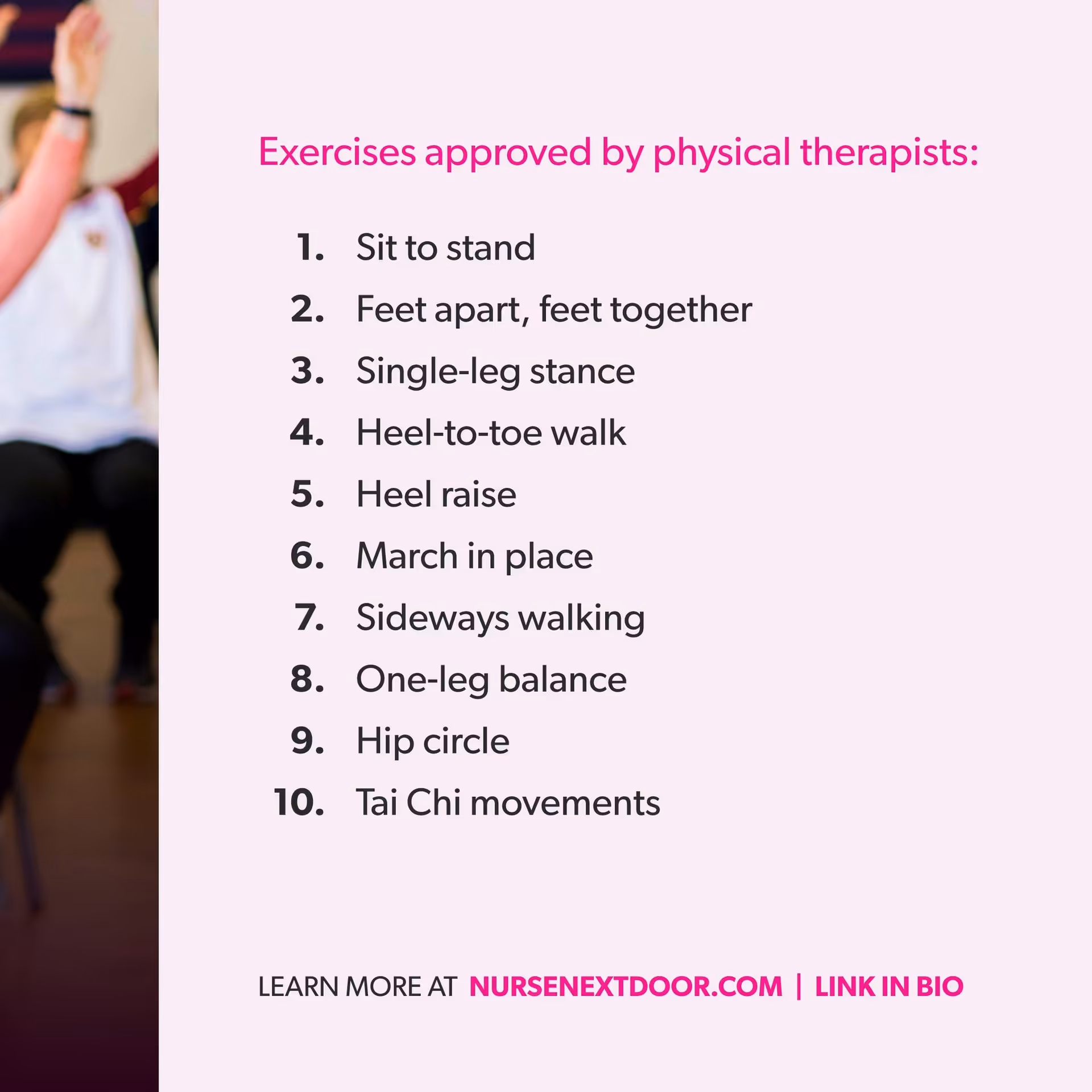 Pink poster listing exercises approved by therapists beside a person exercising.