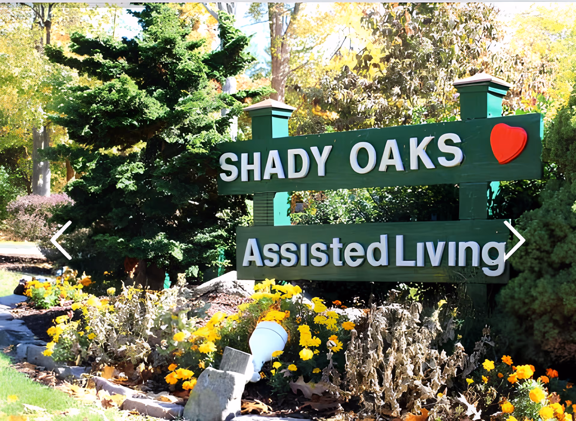 Green wooden sign reading "SHADY OAKS Assisted Living" with a red heart, surrounded by landscaping and yellow flowers.