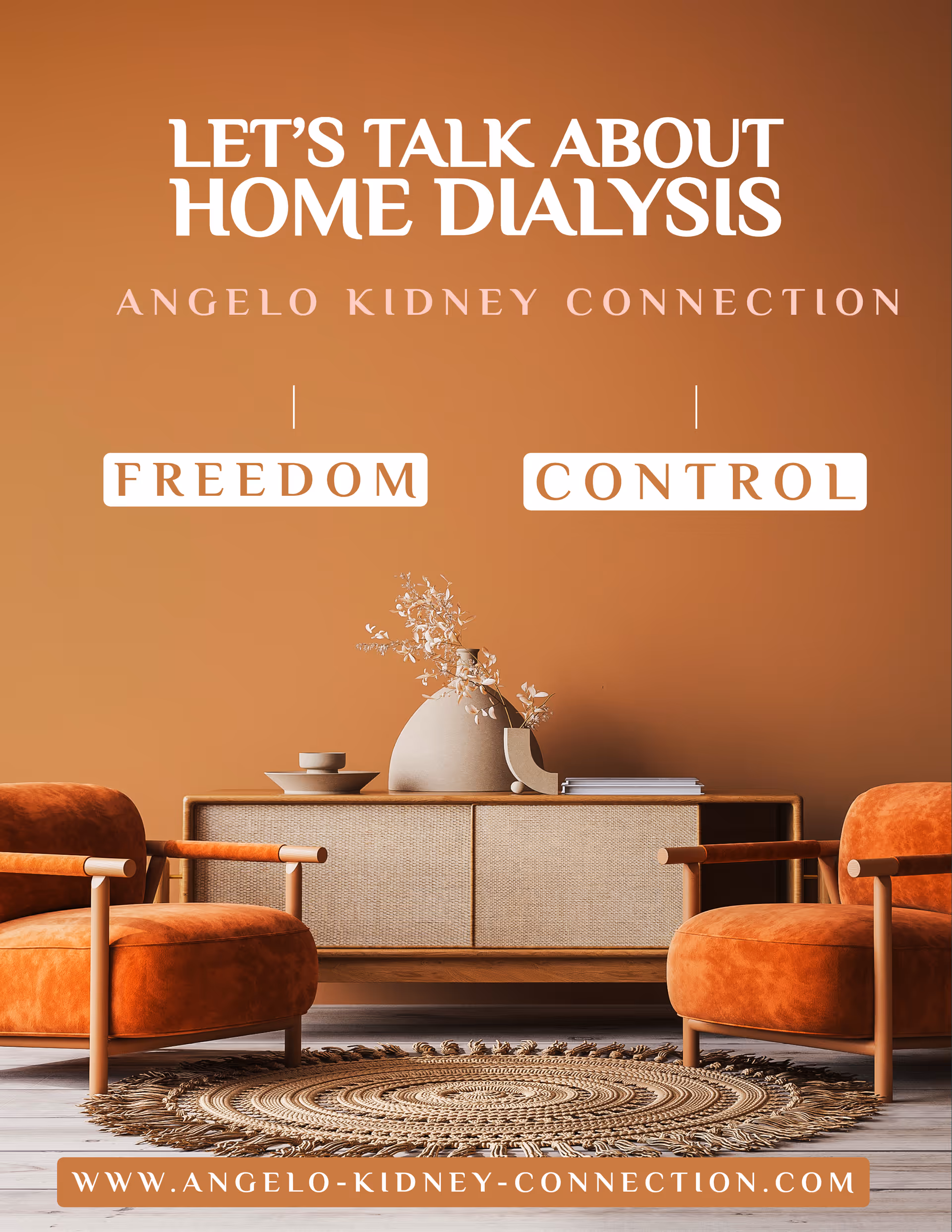 Modern living room with orange chairs, rug, and a sideboard against an orange wall.