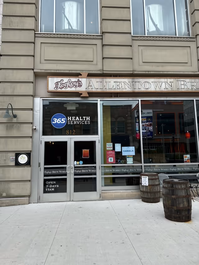 Storefront of 365 Health Services beside Fegley's Allentown Brew Works.