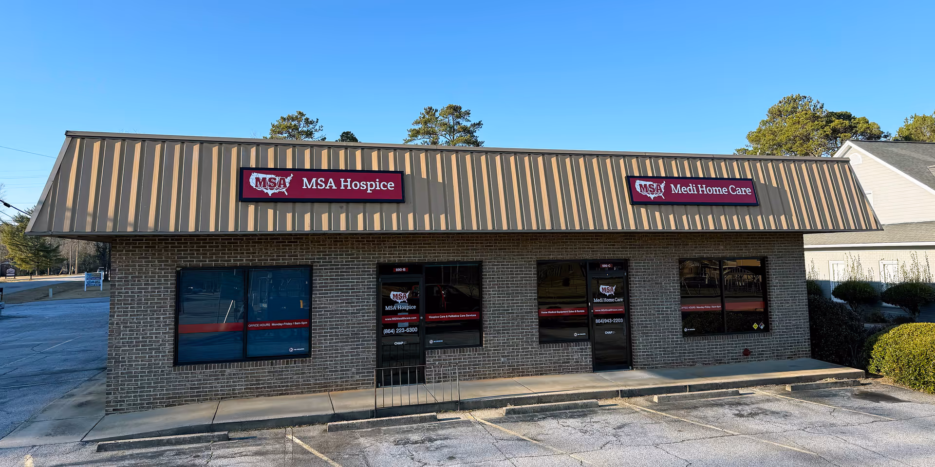 Brick storefront with two signs reading MSA Hospice and MSA Medi Home Care.