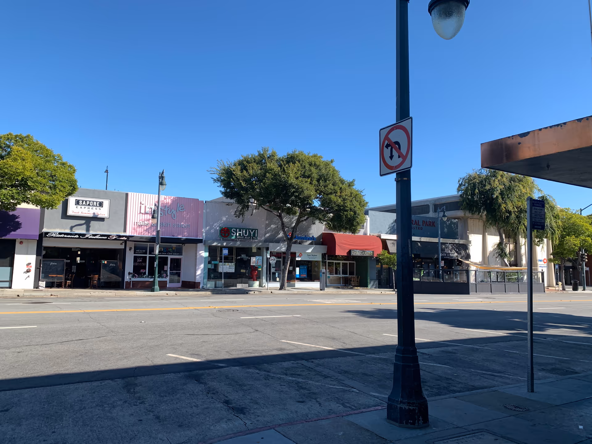 Sunny downtown street with row of storefronts and trees along the sidewalk.